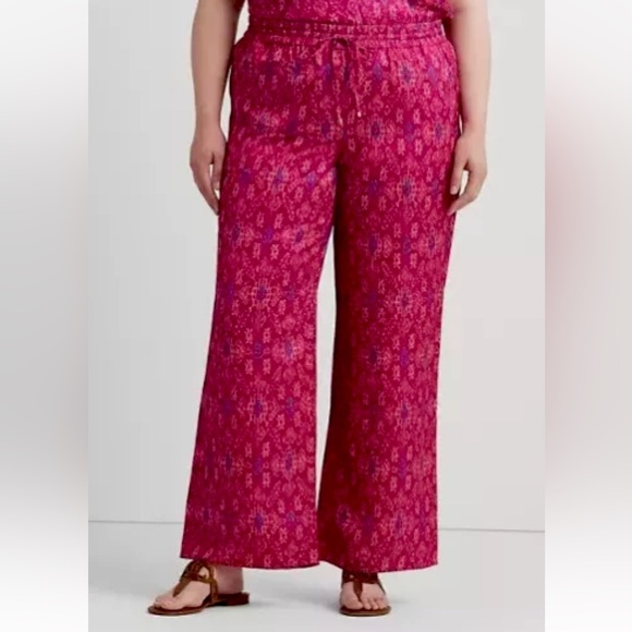 Lauren Ralph Lauren Womens Pink Geometric Satin Shantung Wide-Leg Pant Size 2X - Picture 1 of 13
